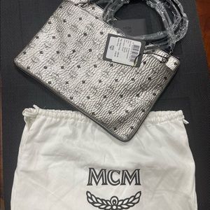 MCM Medium Logo Crossbody Pouch Bag, Metallic Silver, Leather